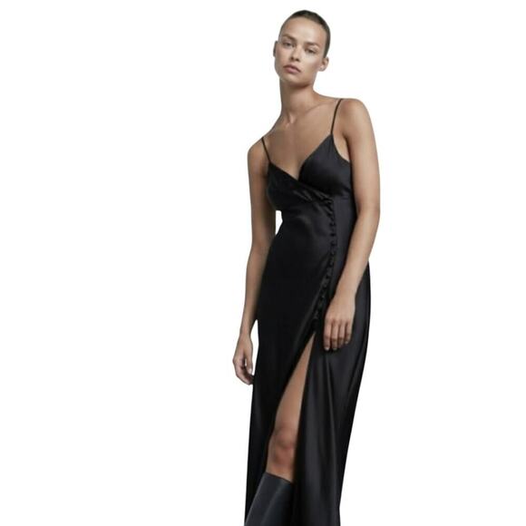 Womens‎ S Zara Black Satin Slip Maxi Dress Spaghetti Strap Side Slit Festival - Picture 1 of 6